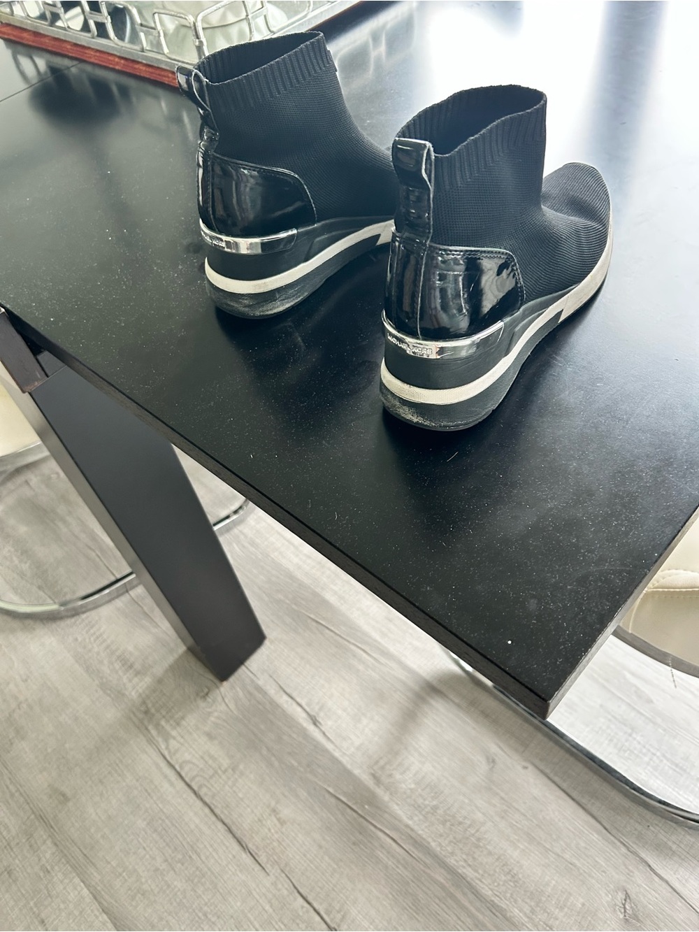 Michael Kors Black Knit Slip-On Platform Sneakers with Patent Heel
